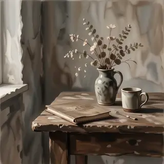 A still life painted in anxious minimalism — sparse composit