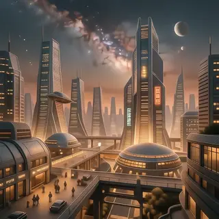 A cityscape rendered in nostalgic futurism — retro-futuristi