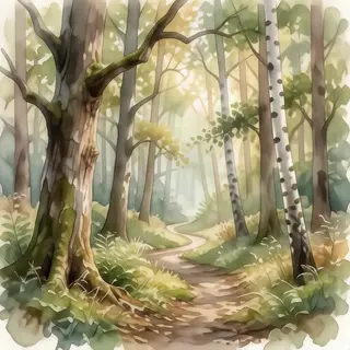 A forest rendered in photorealistic watercolor — the detail 