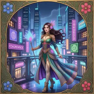 A woman in a futuristic city rendered in cyberpunk Art Nouve