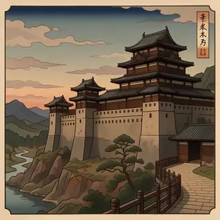 A medieval castle depicted in Japanese ukiyo-e woodblock pri