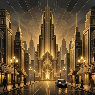 A city street scene in the style of Art Deco — geometric sha
