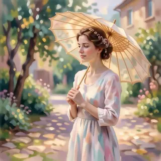 A woman with a parasol in the style of Impressionism — soft 