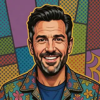 A portrait of a man in Pop Art style — bold outlines, Ben-Da