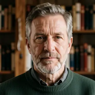A portrait of a middle-aged man with a calm, serious express