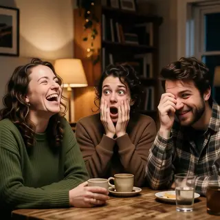 A group of three friends at a table: one laughing with head 