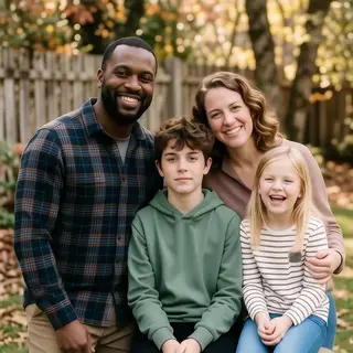 A family photo with four people: a father beaming with pride