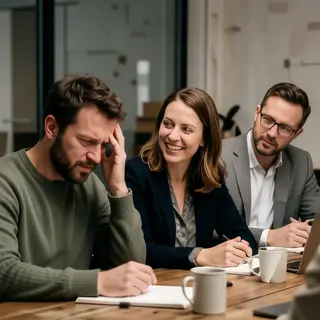 Three coworkers in a meeting: one looking frustrated with fu