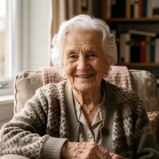 An elderly woman in her 80s with deep wrinkles and white hai