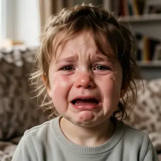 A 5-year-old child with round cheeks and large eyes, crying 