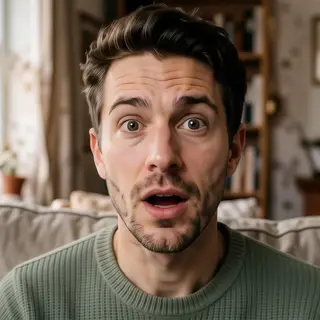 A portrait capturing genuine surprise — raised eyebrows, wid