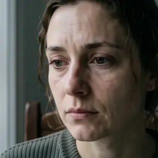 A face showing quiet melancholy — downcast eyes, slightly dr