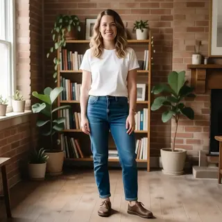 A woman standing upright in a relaxed pose, arms at her side