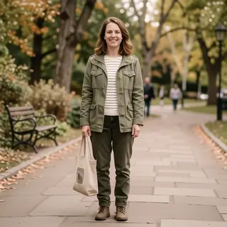 A person standing in a neutral pose in a park, full body vis