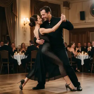 Two tango dancers in a close embrace, the man dipping the wo