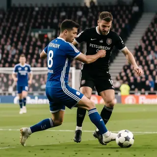Two soccer players mid-tackle, one sliding and the other jum