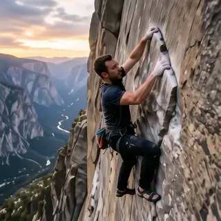 A rock climber clinging to a cliff face with arms and legs e