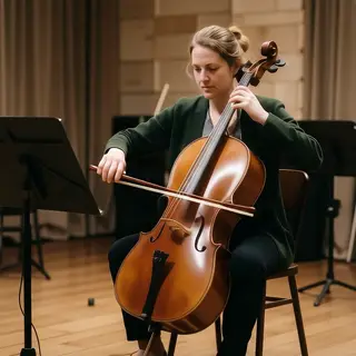 A cellist seated with correct posture, legs around the instr