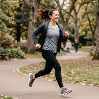 A woman mid-stride running through a park, hair and clothes 
