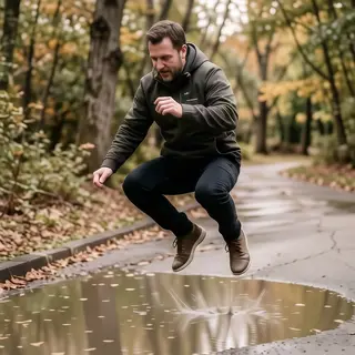 A man captured mid-jump over a puddle, body in the air with 