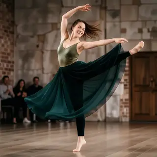 A dancer in a dynamic spin, dress flowing outward with one l
