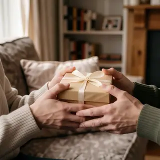 One person handing a small gift box to another person, both 