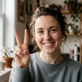 A person making a peace sign with their right hand, clearly 