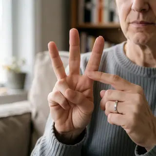 A person counting to three on their fingers, with index, mid