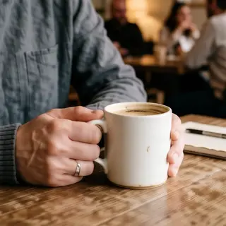 A person holding a white ceramic coffee mug by the handle wi