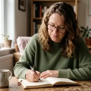 A woman writing in a notebook with a pen gripped correctly i