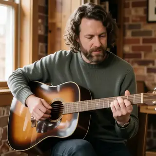 A person playing an acoustic guitar with left hand on the fr