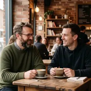 Two men at a cafe: one with a beard and glasses wearing a gr