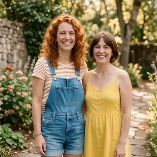 Two friends posing: one tall with curly red hair in denim ov