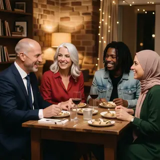 Four people at a dinner table: a bald man in a suit, a woman