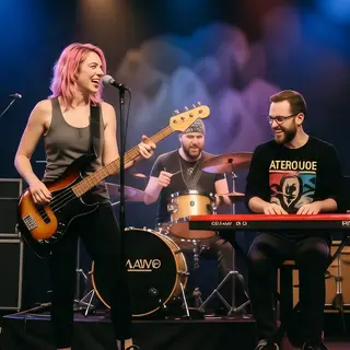 Three musicians on stage: a tall woman with short pink hair 