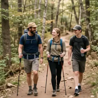 Three hikers on a trail: a man with a backpack and sunhat, a