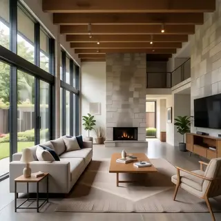 A wide-angle shot of a modern living room interior showing e