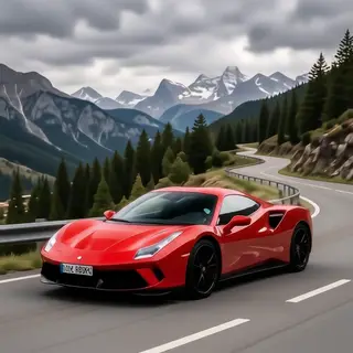 A bright red sports car parked on a gray asphalt road — the 