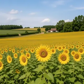 A field of pure sunflower yellow flowers under a clear blue 