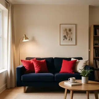 A minimalist room with walls in #F5E6CC (warm cream), a sofa
