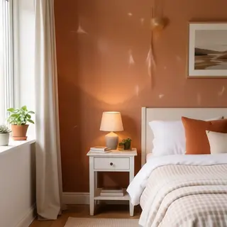 A bedroom wall painted in #FF6B35 (burnt orange) with white 
