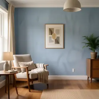 A room with walls in #4A90D9 (medium blue) with warm wooden 