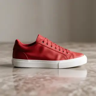 A single red sneaker on a clean white background with soft s