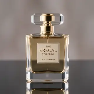 A clear glass perfume bottle on a reflective black surface w