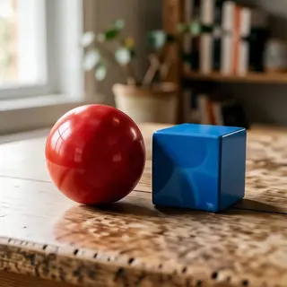 A red ball and a blue cube sitting side by side on a white s