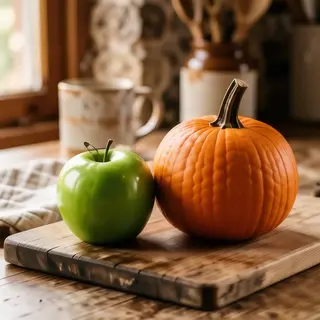 A green apple and an orange pumpkin on a wooden cutting boar