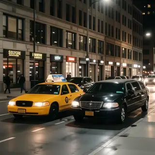 A yellow taxi and a black limousine parked next to each othe