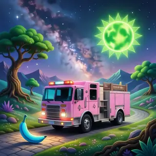 A pink fire truck, a blue banana, and a green sun in a surre
