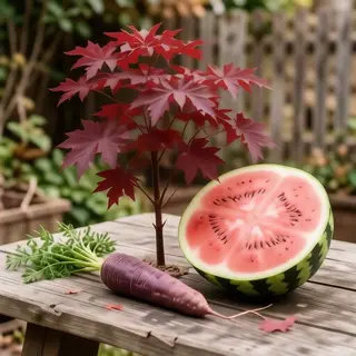 A purple carrot, a red tree with red leaves, and a white wat