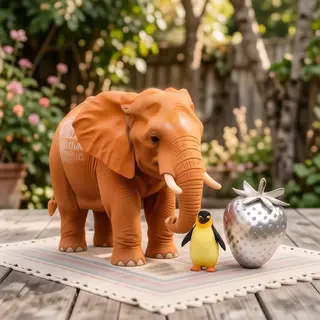 An orange elephant, a yellow penguin, and a silver strawberr